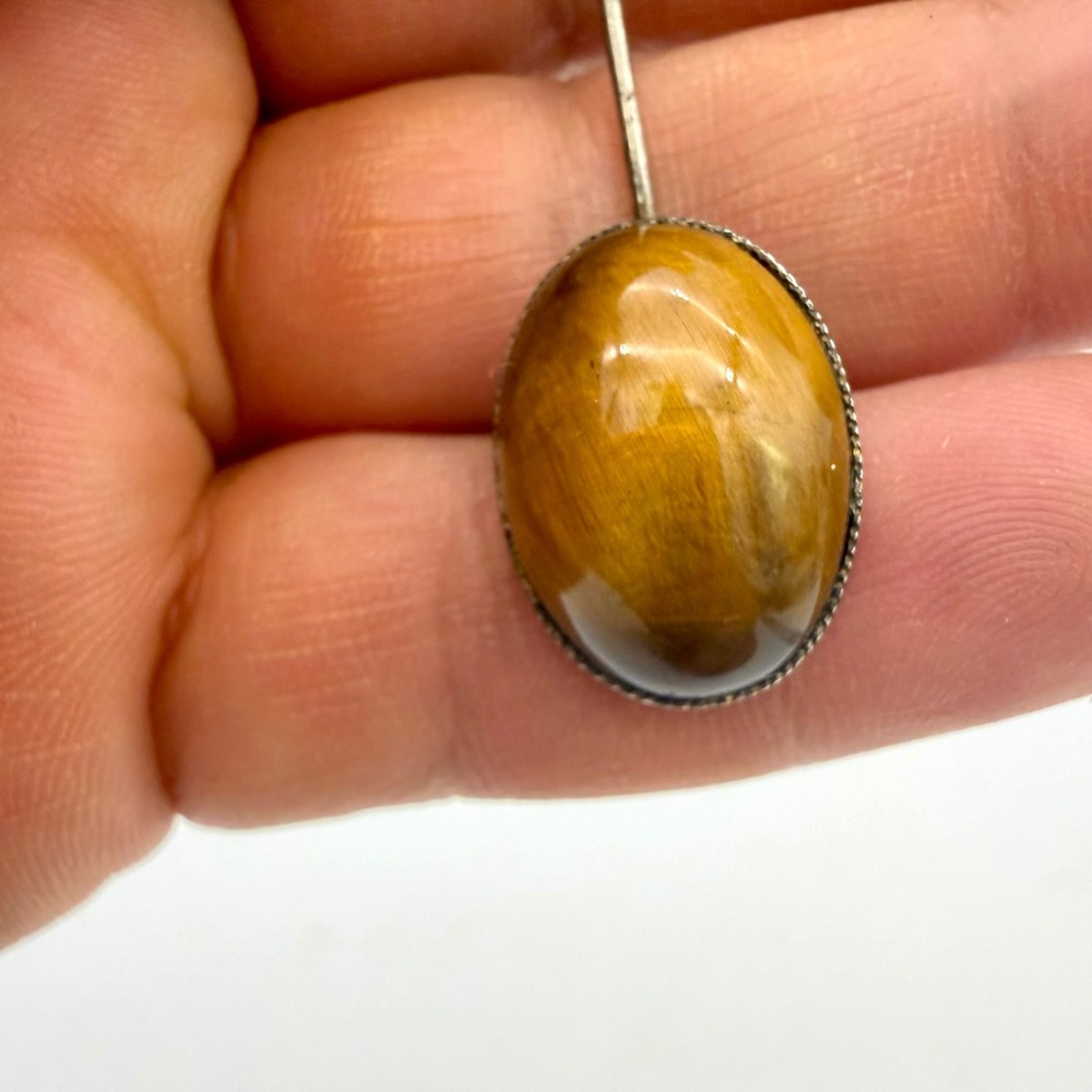 Vintage Tigers Eye Stick Pin Oval Cabochon Silver-Tone Lapel Tie Pin Brown